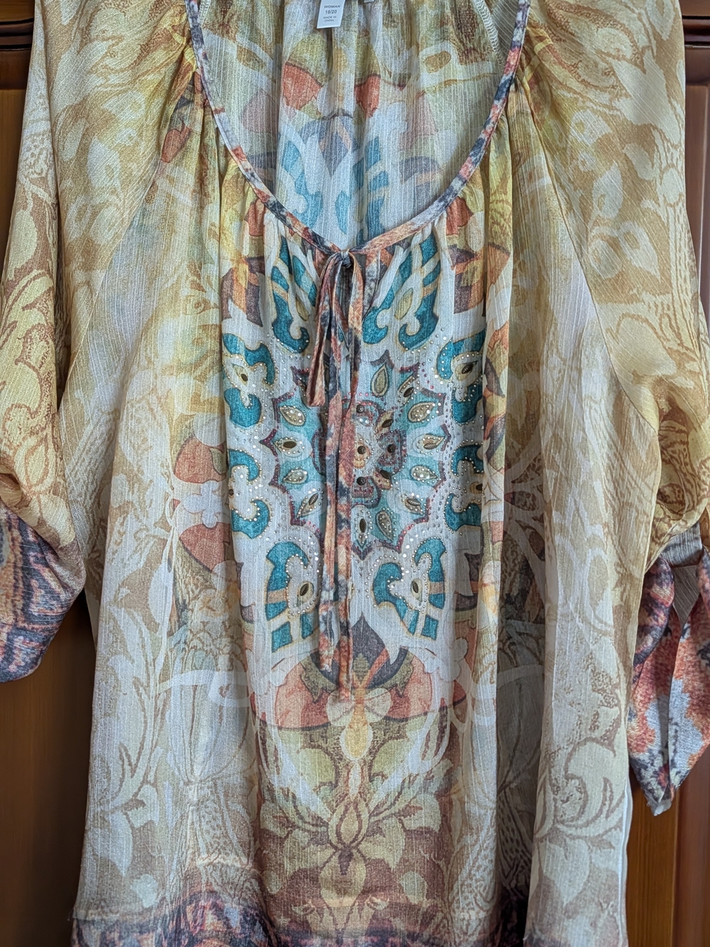 dressbarn Multicolor Embellished Boho Tie-Front Peasant Top